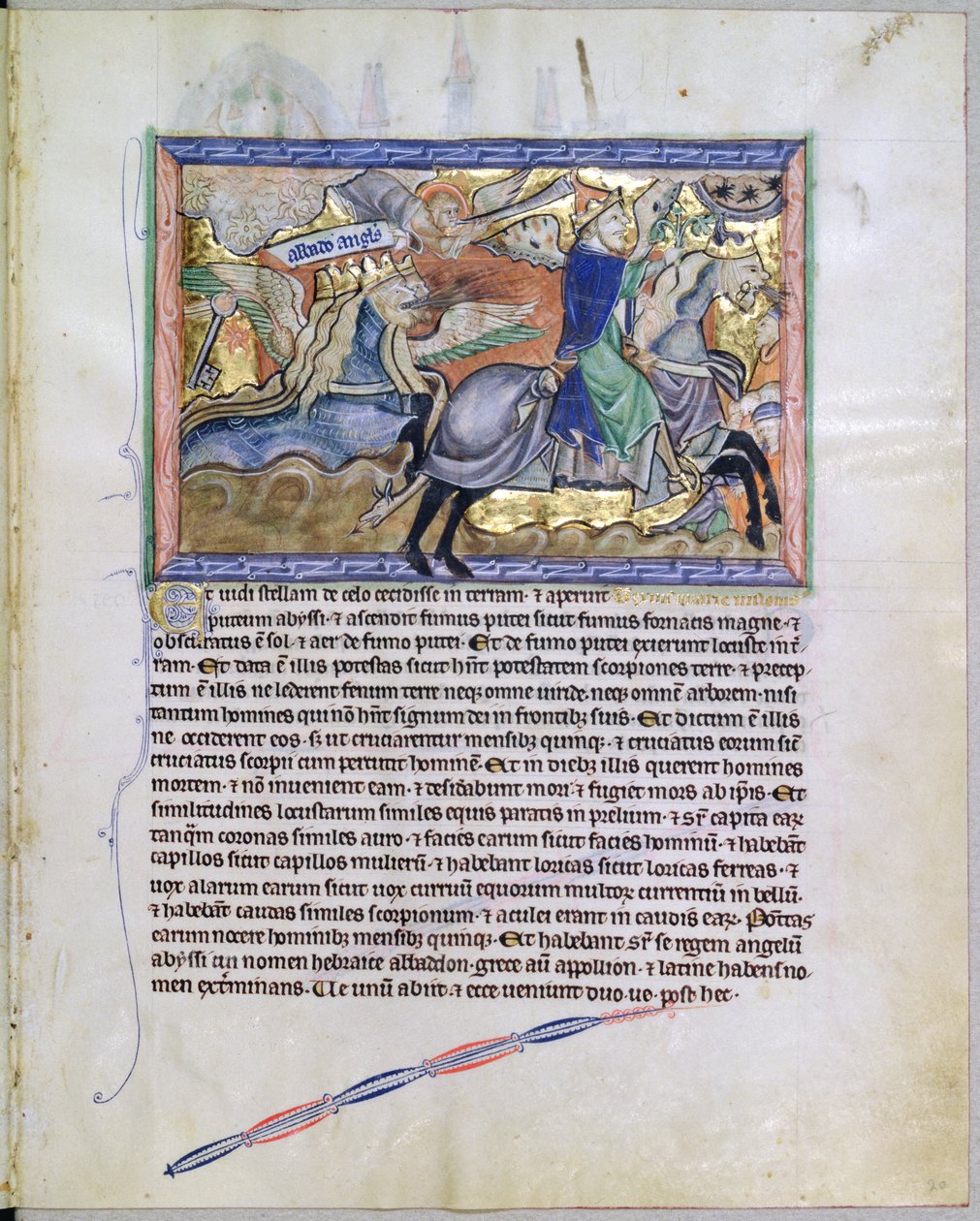 Ms L.A. 139-Lisboa fol.20 Exterminans, a sáskák királya felemelkedik a gödörből, a Gulbenkian Apokalipszisből, 1265-70 körül alkotó: English School
