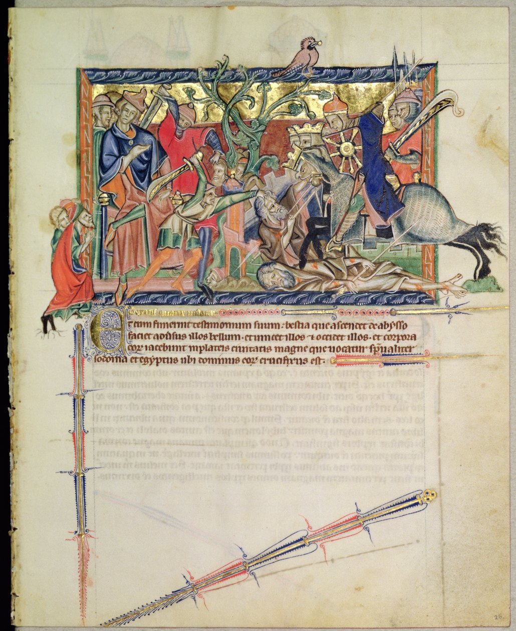 Ms L.A. 139-Lisboa fol.26 Exterminánsok nézik, ahogy a lovasok tapossák a két tanút, a Gulbenkian Apokalipszisről, 1265-70 körül alkotó: English School