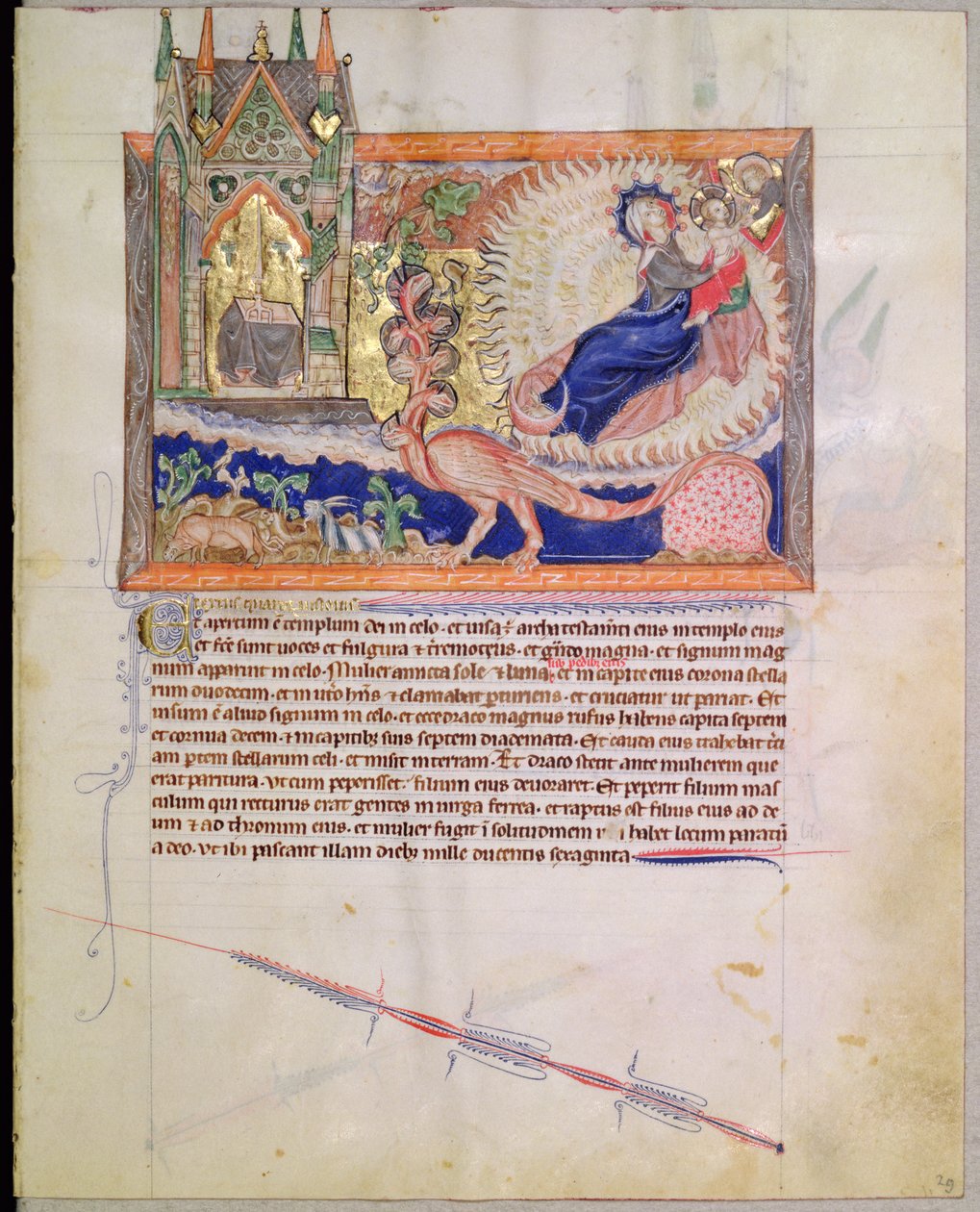Ms L.A. 139-Lisboa fol.29 Isten megmenti a fiúgyermeket attól, hogy a vörös sárkány felfalja, a gulbenki apokalipszistől, 1265-70 körül alkotó: English School