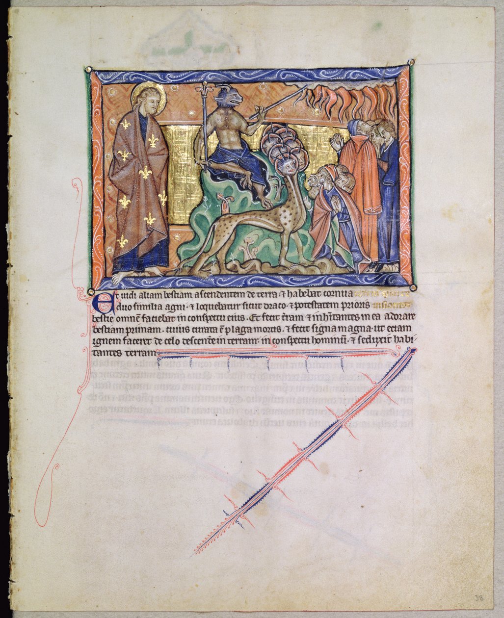 Ms L.A. 139-Lisboa fol.38 Szent János evangélista nézi, amint a fenevad tüzet hoz le az égből a földre, a gulbenki apokalipszisből, 1265-70 körül alkotó: English School