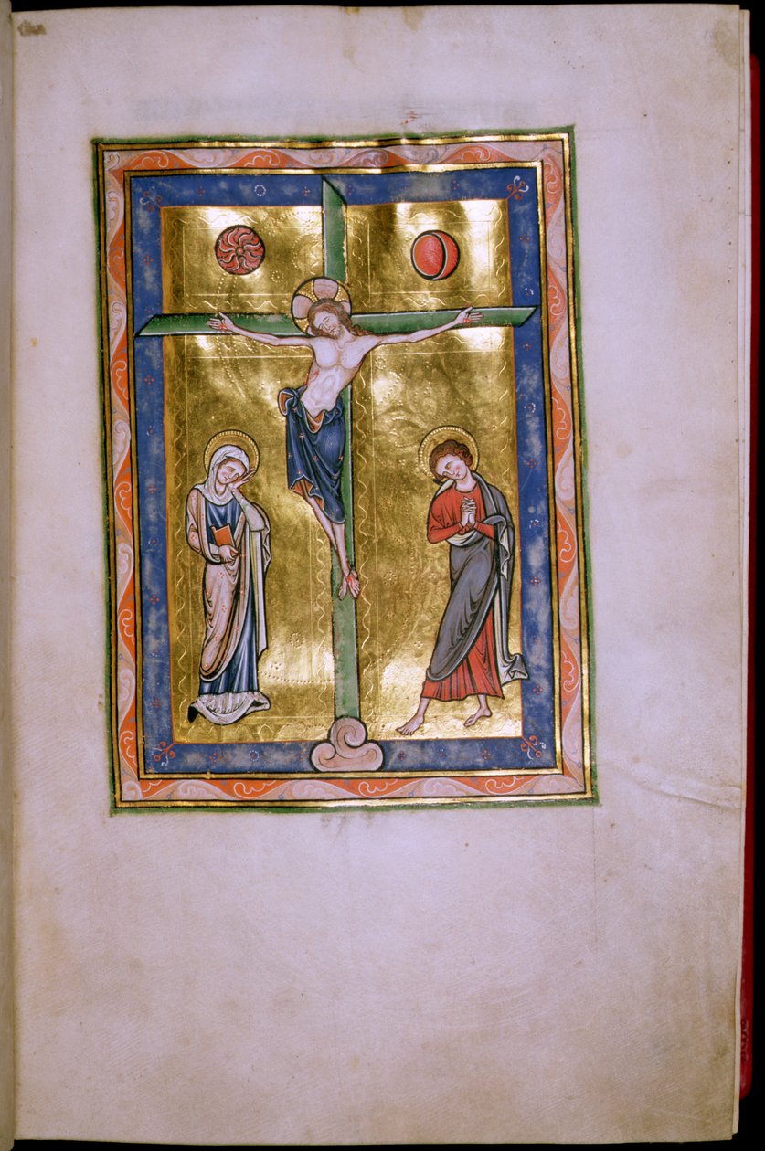 Ms.12.f12r Keresztre feszítés a Szűzanyával és Szent Jánossal, a Peterborough Psalterből, 1260 körül alkotó: English School