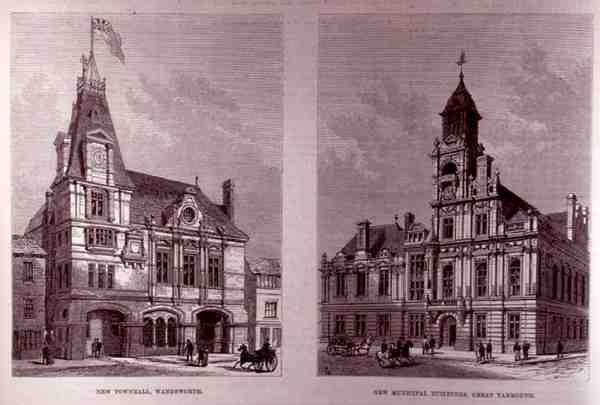 New Town Hall, Wandsworth és az új városi épületek, Great Yarmouth, a The Illustrated London Newsból, 1882. január 21. alkotó: English School