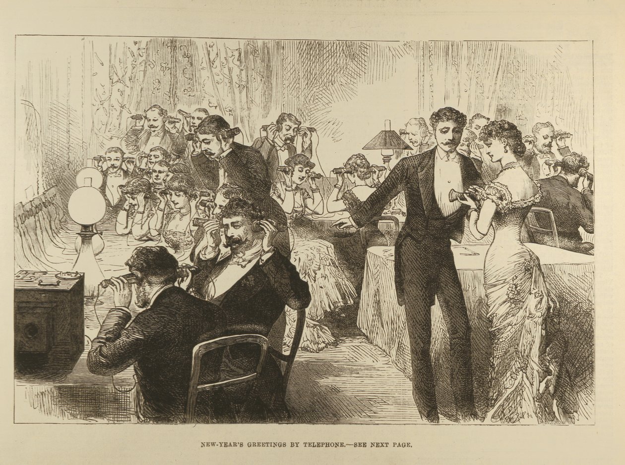 Újévi üdvözlet telefonon, a The Illustrated London News-tól, 1882. január 7. alkotó: English School