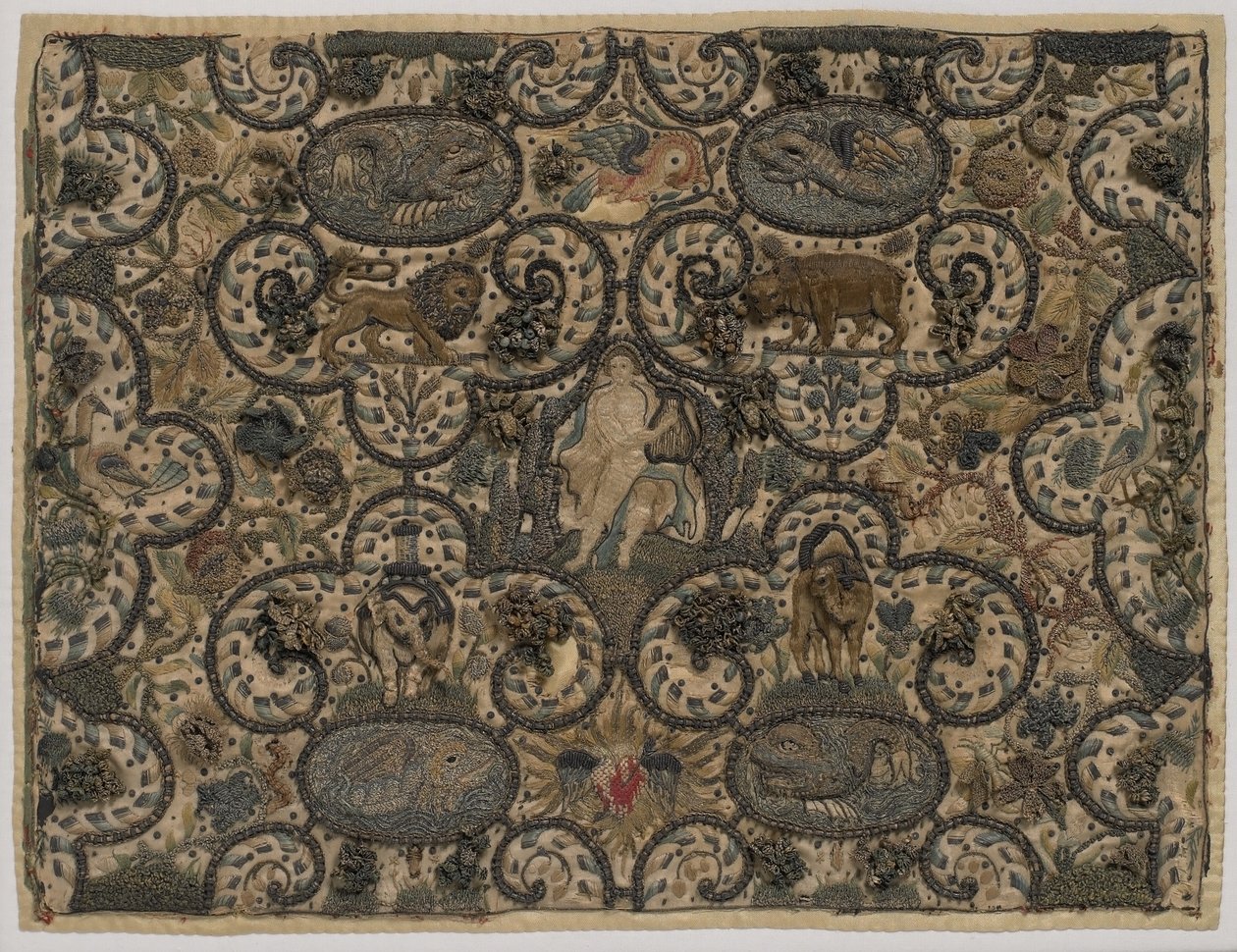 Orpheus elbűvöli az állatokat lantjával, emelt selyemhímzés, 1630 körül (selyemhímzés) alkotó: English School
