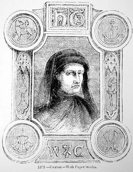 William Caxton (kb. 1422-1491) és nyomdászjegye portréja alkotó: English School