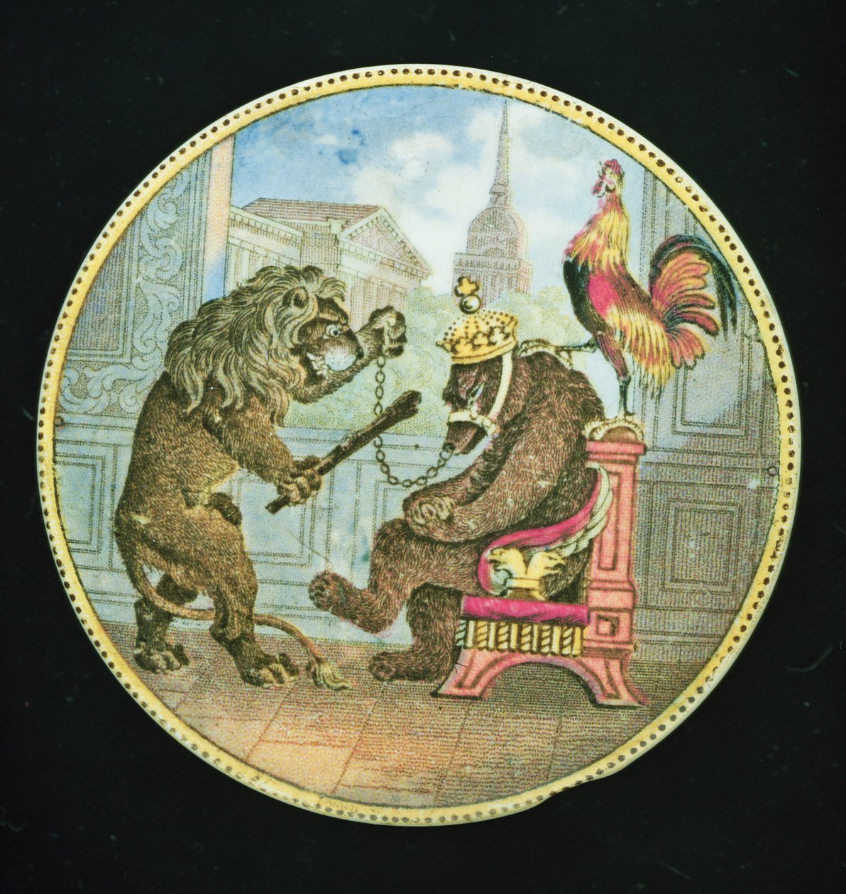 Fazék fedele, medvét, oroszlánt és kakast ábrázol, Staffordshire (cserép) alkotó: English School