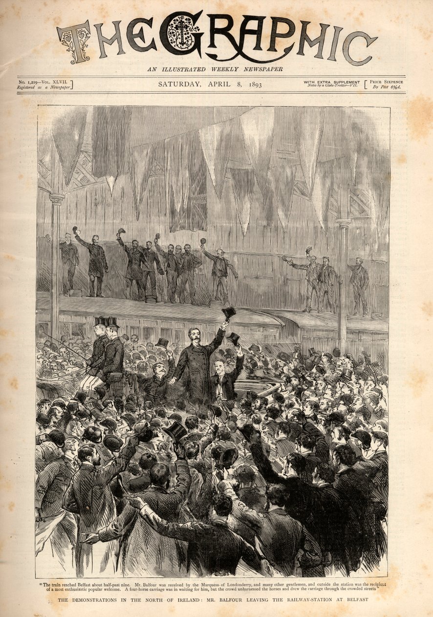 Tiltakozás a Home Rule Bill (Gladstone által benyújtott) ellen Belfastban: Arthur James Balfour elhagyja a belfasti vasútállomást. alkotó: English School