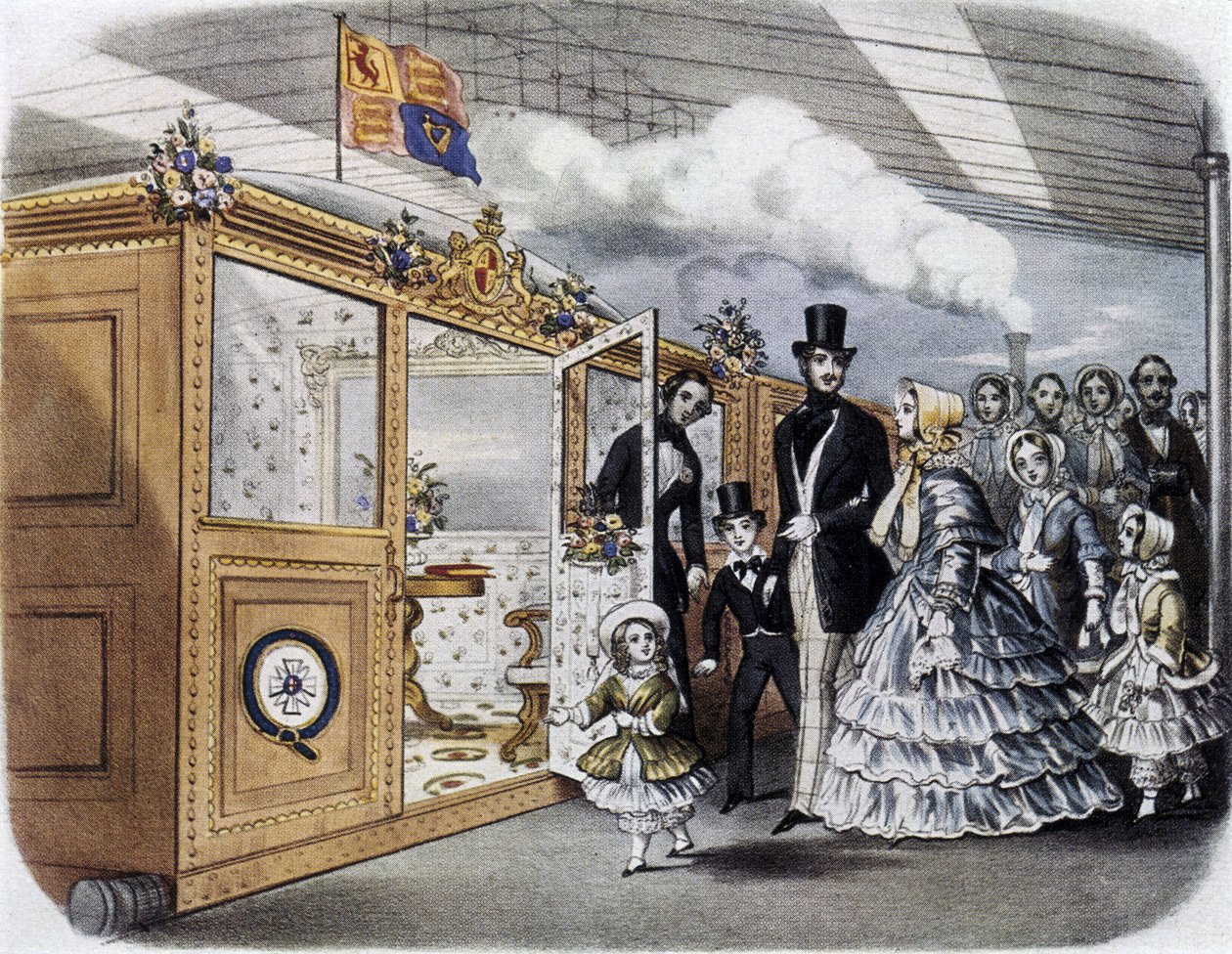 Viktória királynő (1819-1901) és a királyi család felszáll a Skóciába tartó vonatra alkotó: English School