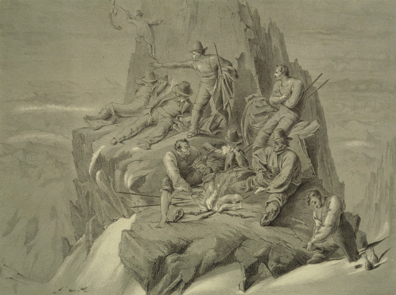 Pihenés egy párkányon, a Mont Blanc utolsó emelkedésének tíz jelenetéből, köztük öt kilátással a csúcsról, J.D.H. Browne, megjelent 1853 alkotó: English School