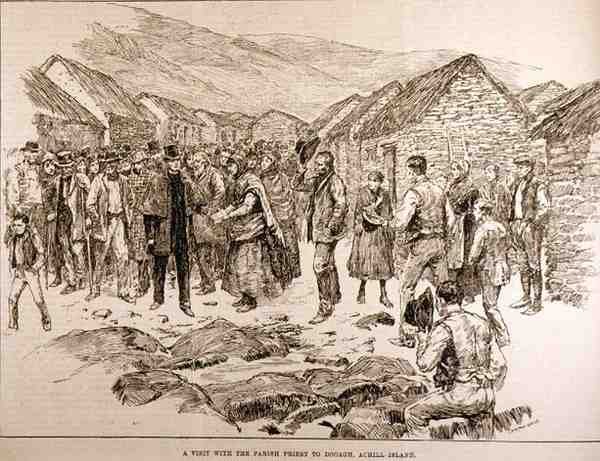 A szorongás Írország nyugati részén: látogatás a plébánossal Dooagh-ban, Achill-szigeten, a The Illustrated London Newsból, 1886. október 4. alkotó: English School