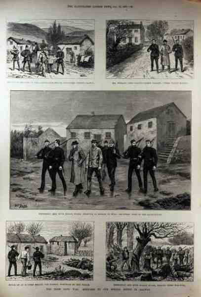 Az ír szárazföldi háború: Idézések kézbesítése a Clanricarde Estate-en, Woodford, Galway megyében, a The Illustrated London Newsból, 1887. január 15. alkotó: English School