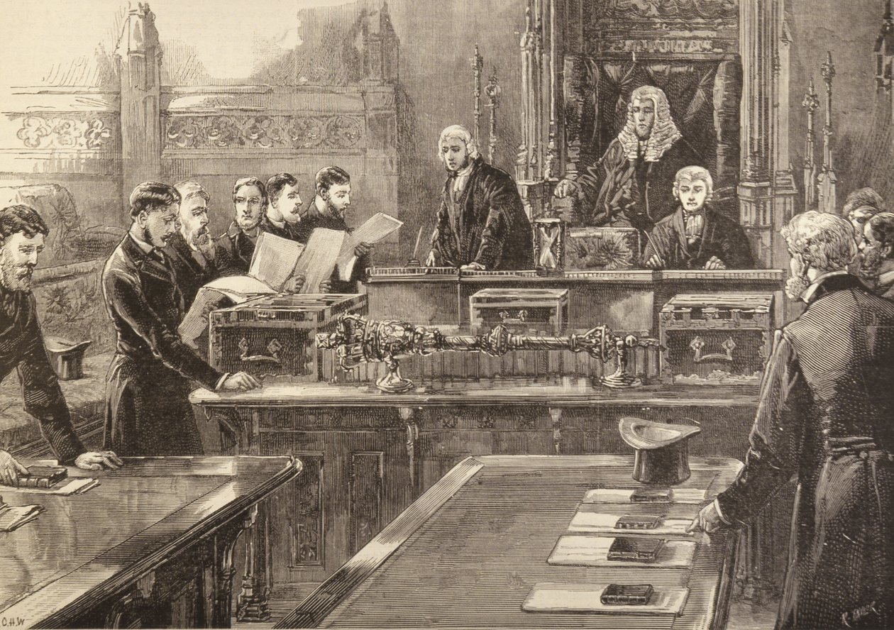A parlament megnyitása: a képviselők esküt tesznek, R. Taylor metszet, az Illustrated London Newsból, 1886. január 23. alkotó: English School