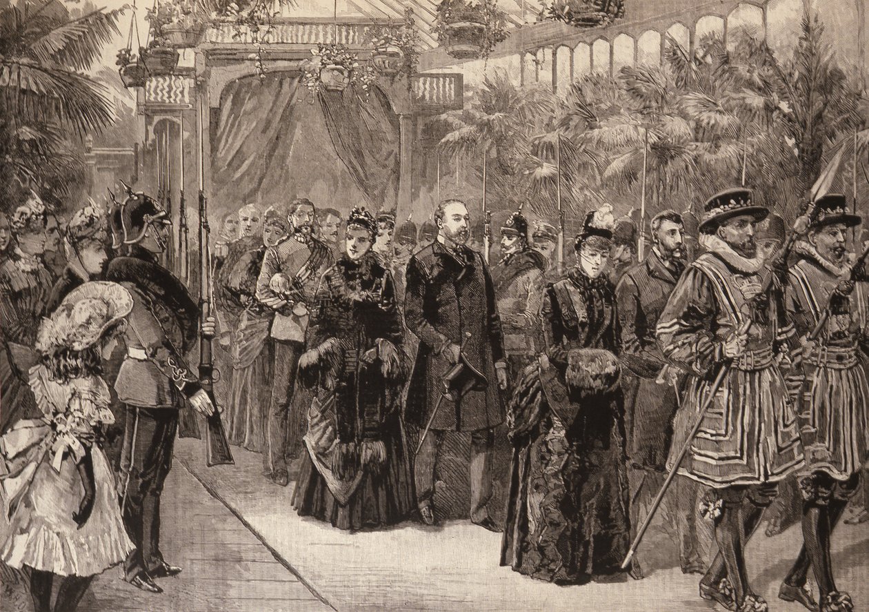 A walesi herceg és hercegnő Manchesterben: Felvonulás a kiállítási épületben, az Illustrated London Newsból, 1887. május 14. alkotó: English School