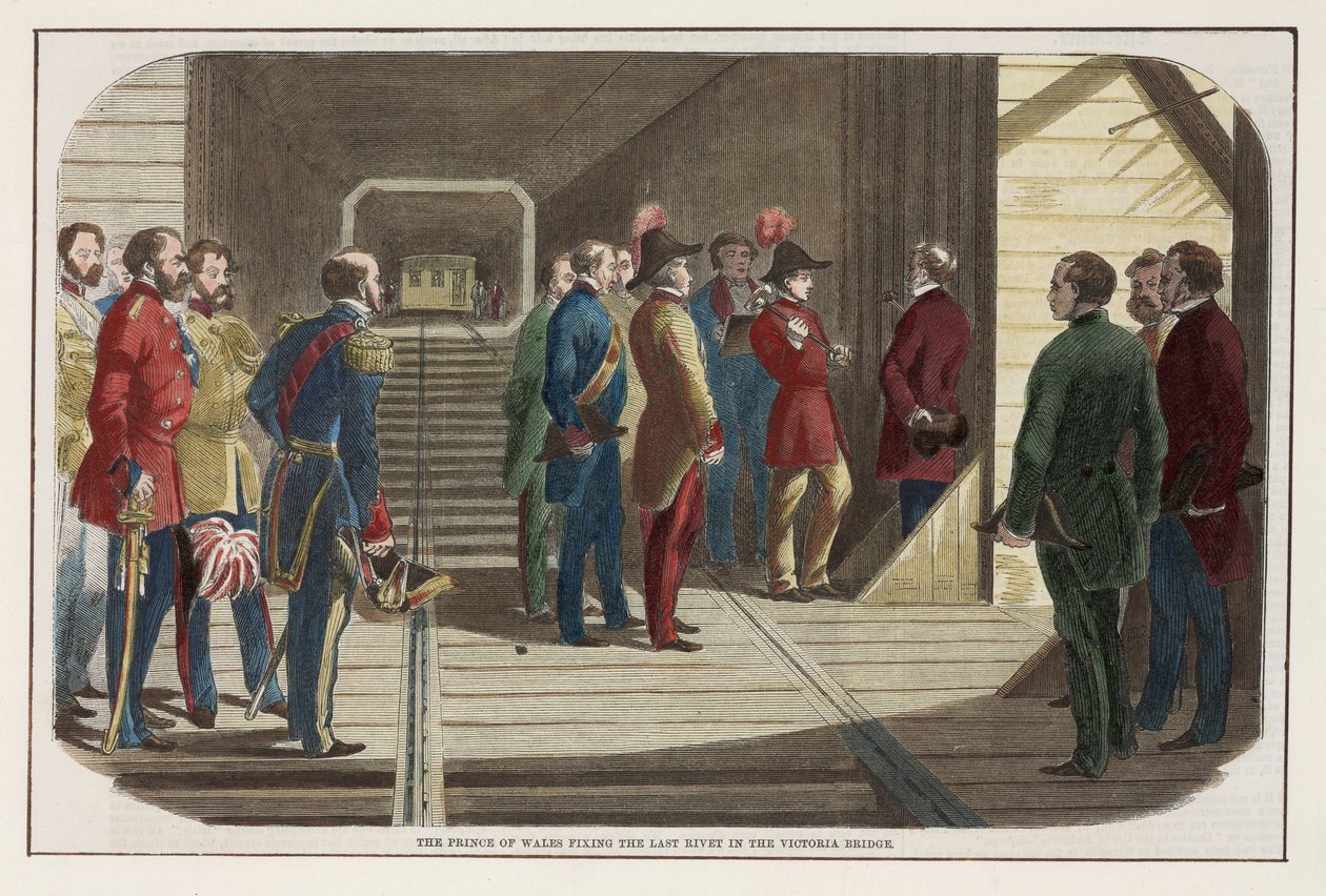 A walesi herceg rögzíti az utolsó szegecset a Victoria-hídon, Kanadában, 1860 alkotó: English School