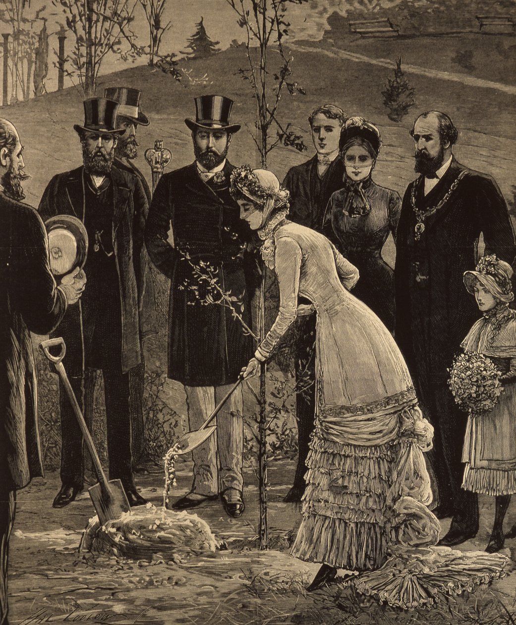 Királyi látogatás Leicesterben: A walesi hercegnő tölgyet ültet az Abbey Parkban, a The Illustrated London Newsból, 1882. június 10. alkotó: English School