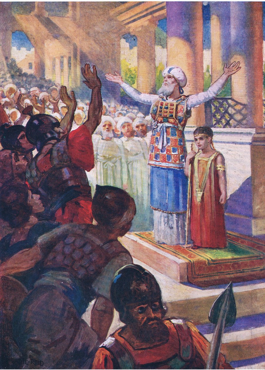 A fiú, Joash királlyá koronázta, a Thomas Nelson által kiadott Biblia Képeskönyvből, 1950 körül alkotó: English School