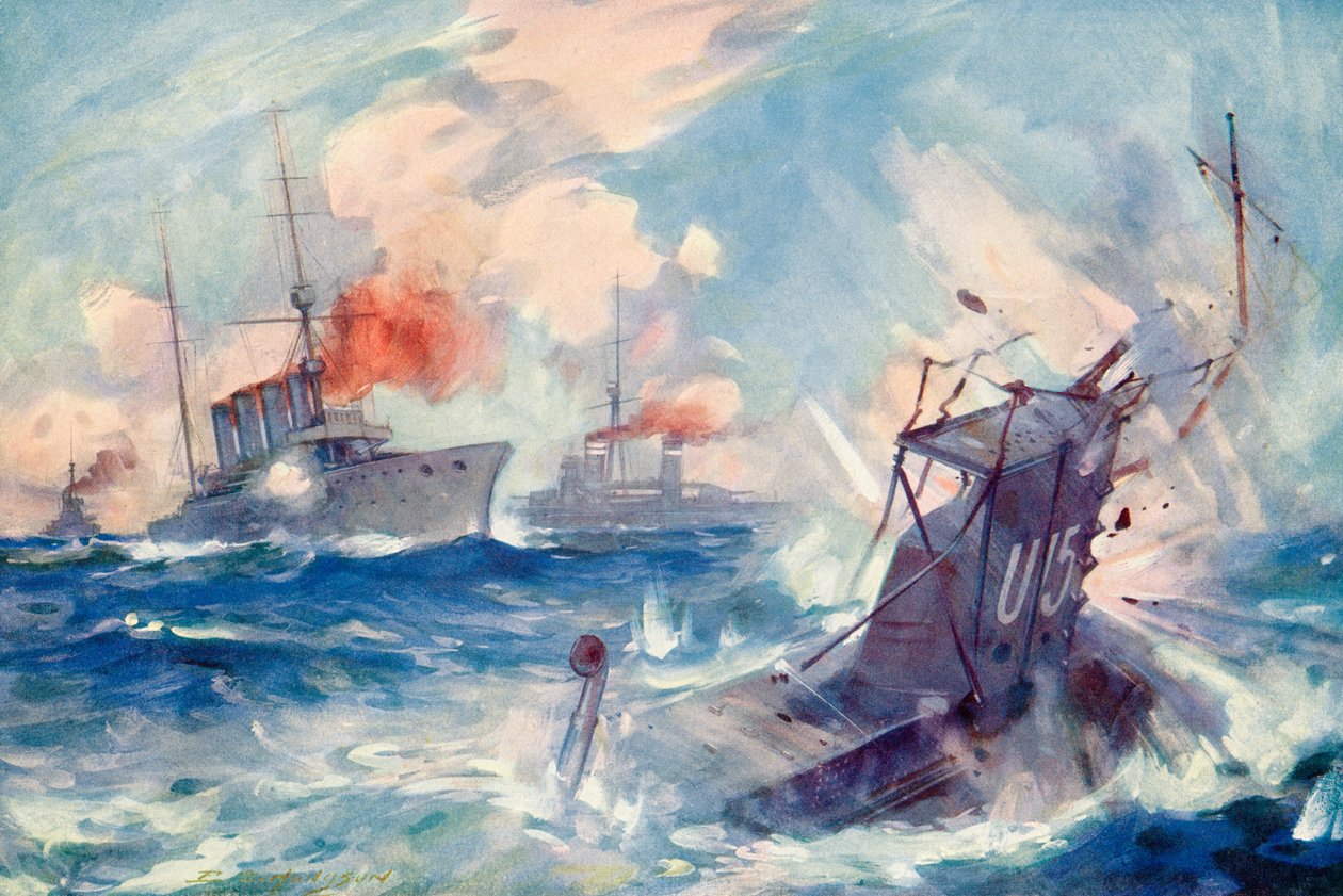 Az SM U-15 német tengeralattjáró elsüllyedése, miután a H.M.S. brit könnyűcirkáló elütötte. Birmingham, 1914. augusztus 9. az első világháború alatt, a The History of the Great War című könyvből, 1919 körül ( alkotó: English School