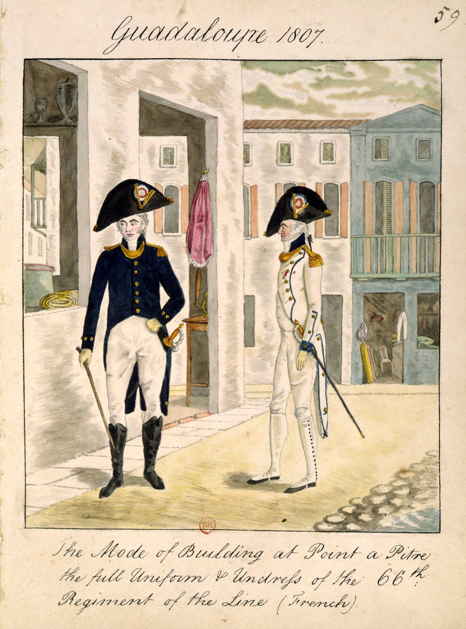 A vonal 66. ezredének egyenruhája a guadeloupe-i Pointe a Pitre-ben 1807-ben (wc papíron) alkotó: English School
