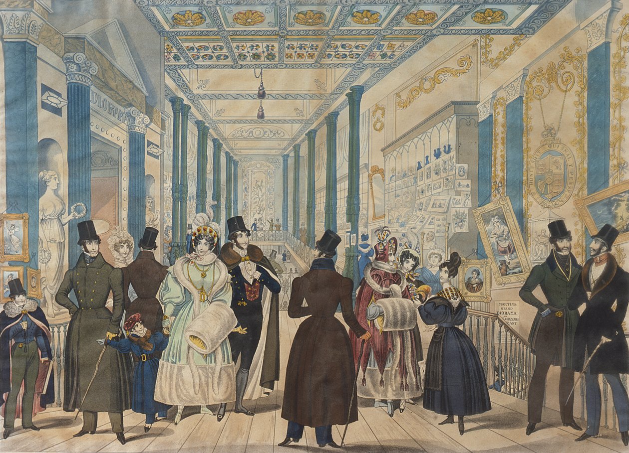 Kilátás a Queens Bazaarban, London – Téli divat 1833 novemberétől 1834 áprilisáig, kiadó: B.Read & Co., 1833 (akvatinta papíron) alkotó: English School