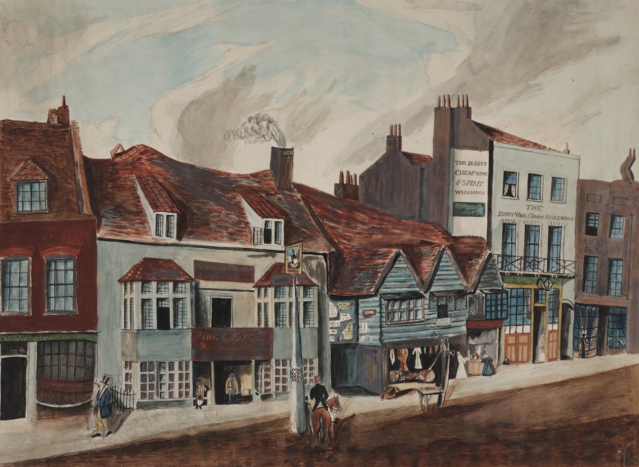 Newington Butts, Southwark kilátása a George Tavernnel és az üzletek homlokzatával, 1825 körül (wc papíron) alkotó: English School