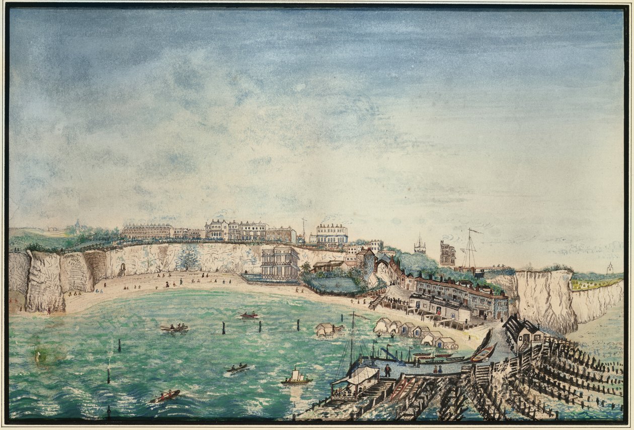 Kilátás a strandra és a kikötőre: Broadstairs, Kent, 1830 körül (wc papíron) alkotó: English School