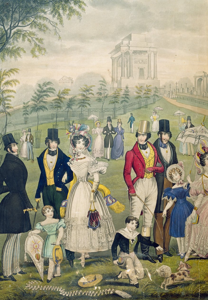 Kilátás a londoni Green Parkra, az akkori divatot bemutató, bal oldali részlet, 1830 körül (lásd még: 122099) alkotó: English School