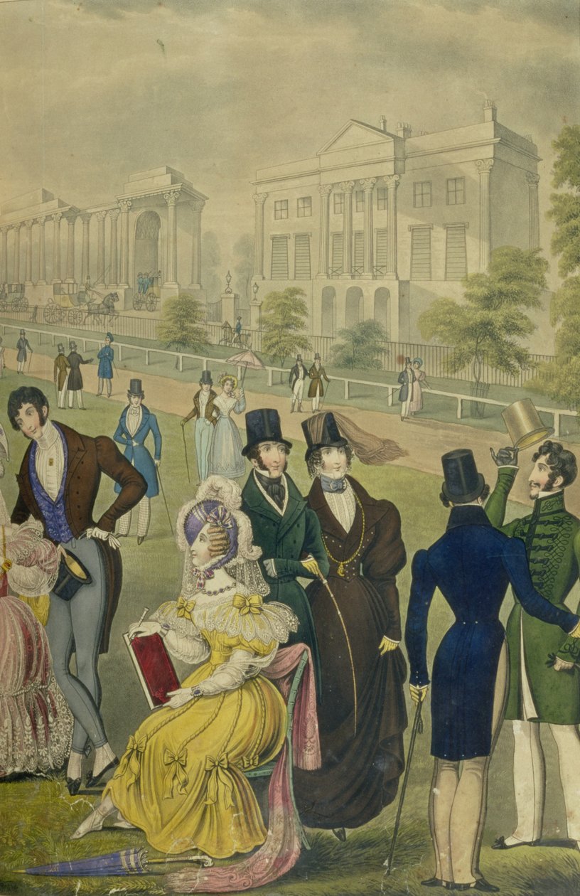 Kilátás a londoni Green Parkra, az akkori divatot bemutató, jobb oldali részlet, 1830 körül (lásd még: 122098) alkotó: English School