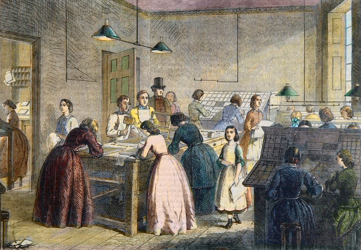 Női zeneszerzők a Victoria Press nyomdájában, a Great Coram Streeten, Londonban, 1860-ban. alkotó: English School