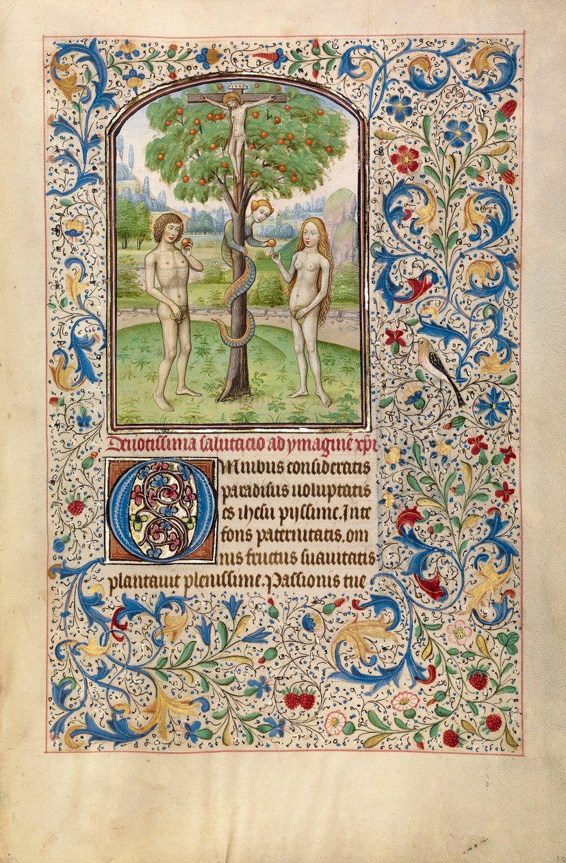 Ádám és Éva megeszik a tiltott gyümölcsöt, 1460 eleje (tempera, aranylevél és tinta pergamenen) alkotó: Flemish School