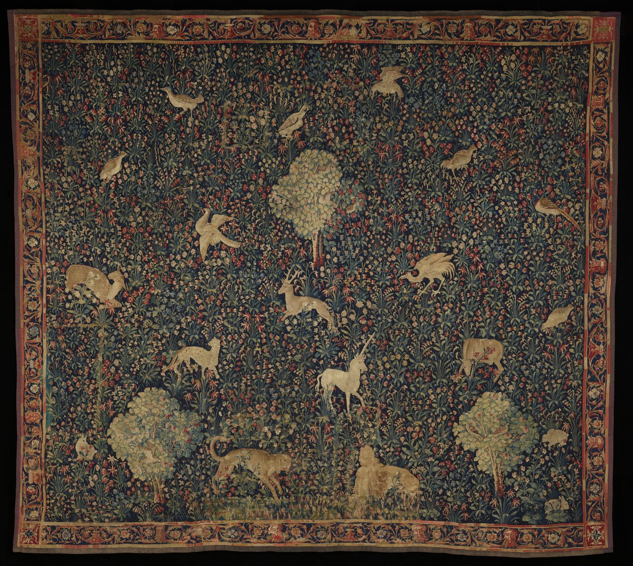 Allegorikus Millefleurs kárpit állatokkal, 1530–45 (gyapjú és selyem) alkotó: Flemish School