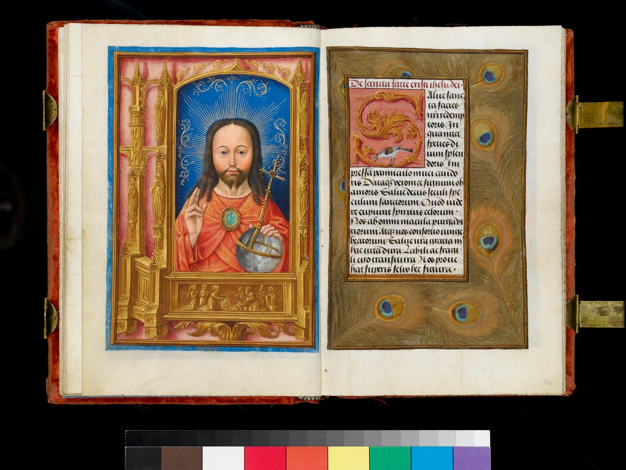 Ms 1058-1975 f.13v-14 Christ in Majesty egy predella-tábla fölött, amely Szent Veronikát ábrázolja, aki a sudariumot mutatja be hat hívőnek, pávatollak szegélye, 1500 körül alkotó: Flemish School