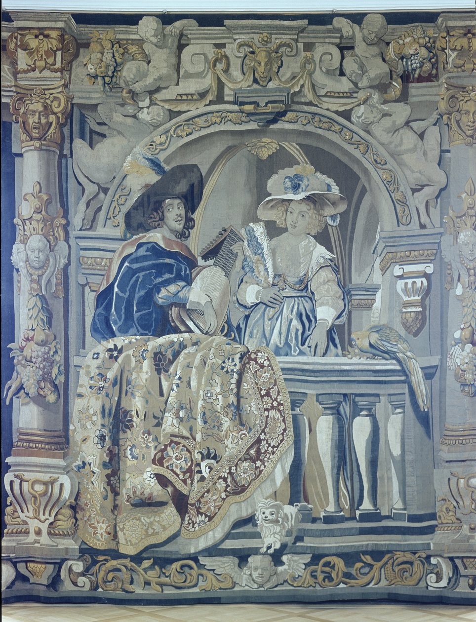 Gobelin hölggyel és lovassal az erkélyen (textil) alkotó: Flemish School