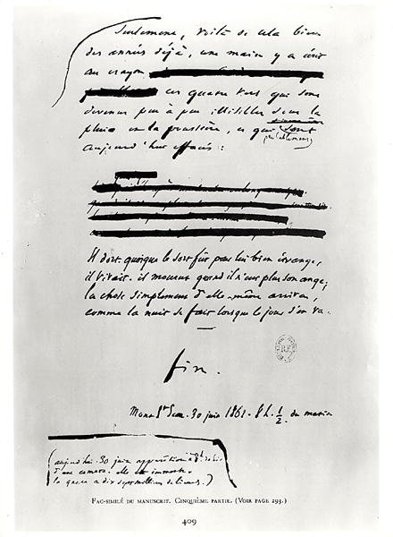 ... mint az éjszaka, amikor múlik a nappal. (fin), Victor Hugo (1802-85) Les Miserables című kéziratának utolsó oldalának fakszimile 1862. június 30. (toll és tinta papíron) alkotó: French School
