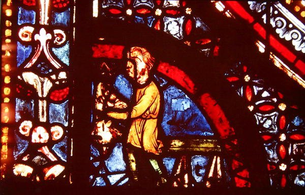 Mészáros, részlet a Szűz csodái ablak bal alsó sarkából a hajó déli folyosójában, 1205-15 alkotó: French School