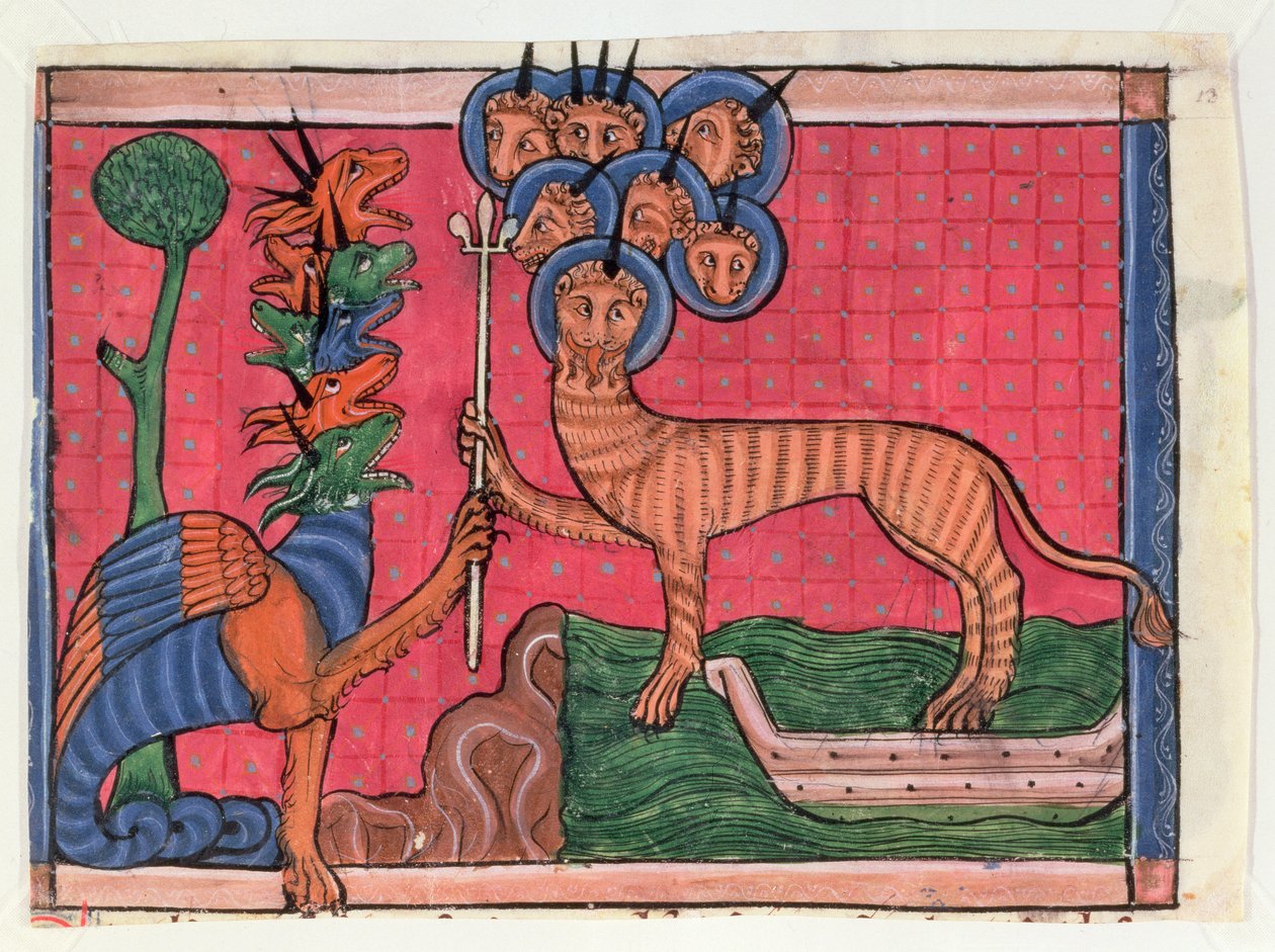 Apokalipszis miniatúrák: A háborút vívó sárkány és A tenger fenevada, 1295 körül (tempera pergamen) alkotó: French School