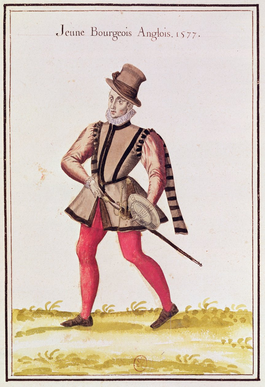 Az északi országok jelmezei - egy fiatal angol állampolgár, 1577 (színes metszet) alkotó: French School
