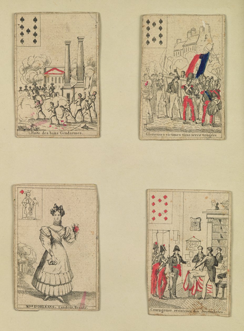 Négy játékkártya 1830. július hőseinek emlékére alkotó: French School
