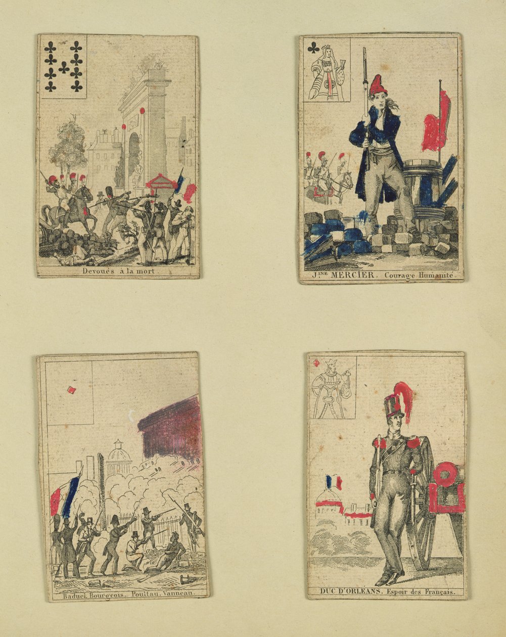 Négy játékkártya 1830. július hőseinek emlékére alkotó: French School