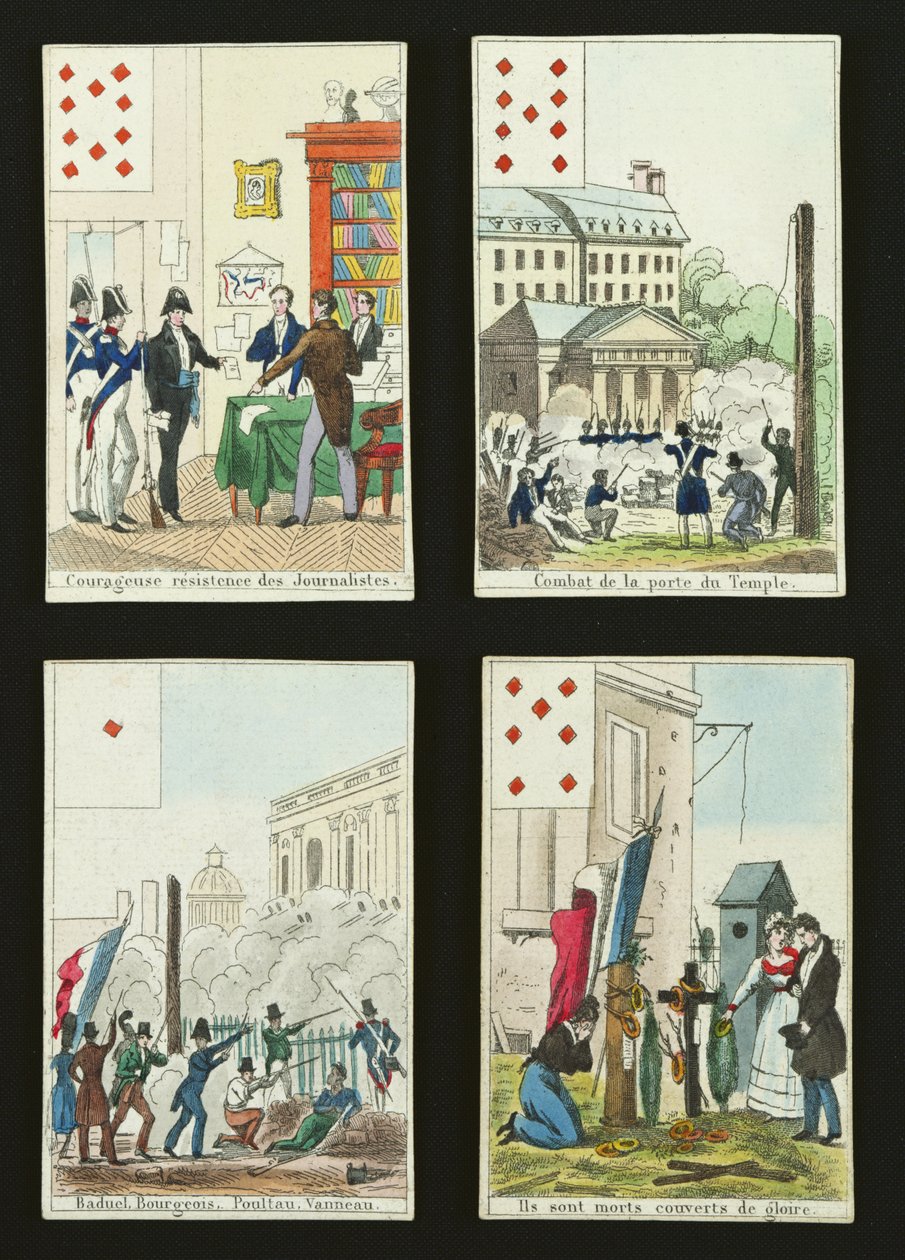 Négy játékkártya 1830. július hőseinek emlékére alkotó: French School