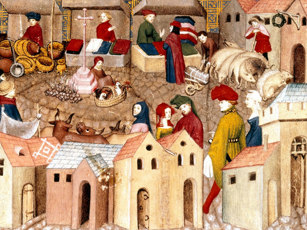 Fr 12559 fol.167 A piactér, a Le Chevalier errant megvilágítása, Thomas III de Saluces, Párizs, 1400-2005 körül alkotó: French School