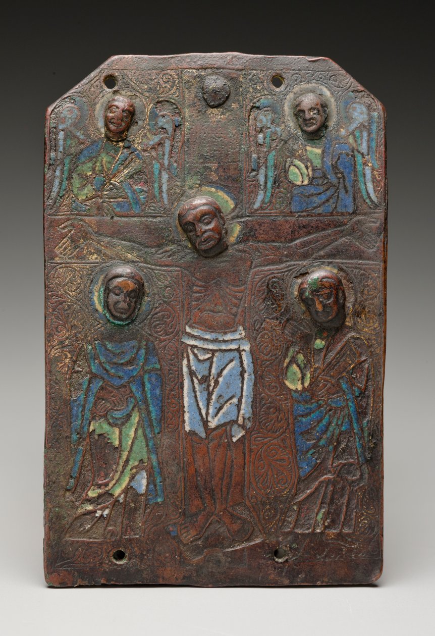 A keresztre feszítést ábrázoló ereklyetartó alváz emléktáblájának töredéke, 11751200 (réz zománcozott aranyozás nyomaival) alkotó: French School