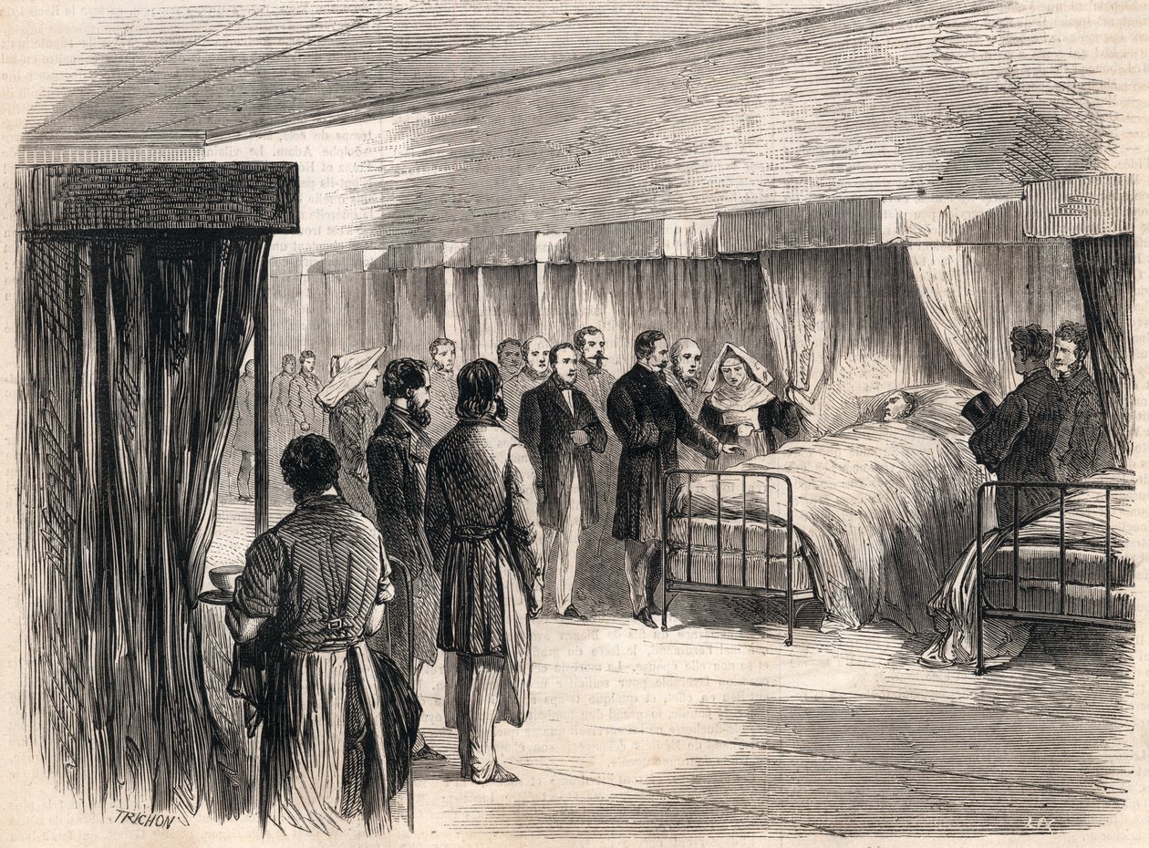 Hotel Dieu, Párizs, Franciaország: III. Napóleon meglátogatja a kolerában szenvedőket 1865-ben. alkotó: French School