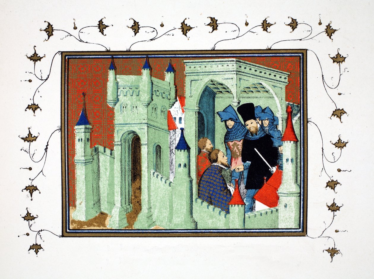 Chester kastély belseje, amikor Exeter és Surrey hercegei átadják a királyok üzenetét Lancaster hercegének, faxmásolat a Le Prinse et Mort du Roy Richartból, Jean Cretontól, újranyomva XIX. sz. alkotó: French School