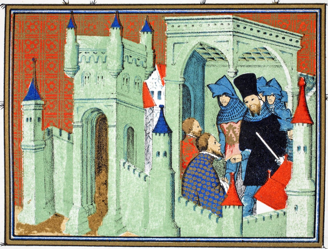 Chester kastély belseje, amikor Exeter és Surrey hercegei átadják a királyok üzenetét Lancaster hercegének, faxmásolat a Le Prinse et Mort du Roy Richartból, Jean Cretontól, újranyomva XIX. sz. alkotó: French School