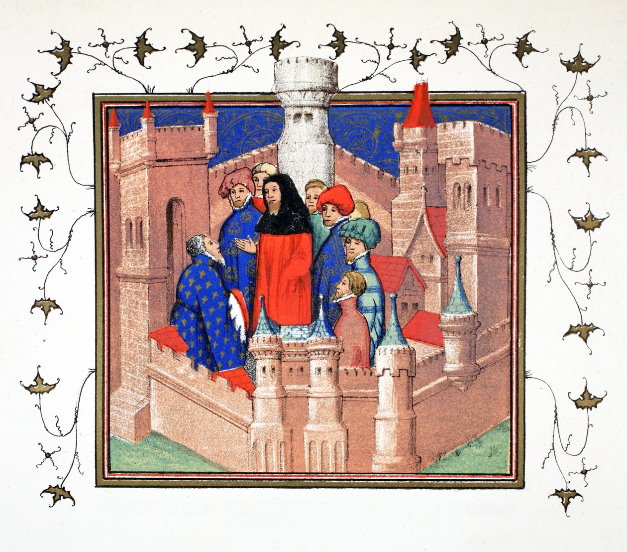 Conway kastély belseje és Northumberland grófja, aki hamis üzenetét adja át II. Richardnak, faxmásolat a Le Prinse et Mort du Roy Richartból Jean Cretontól, újranyomva 19. század (színes alkotó: French School