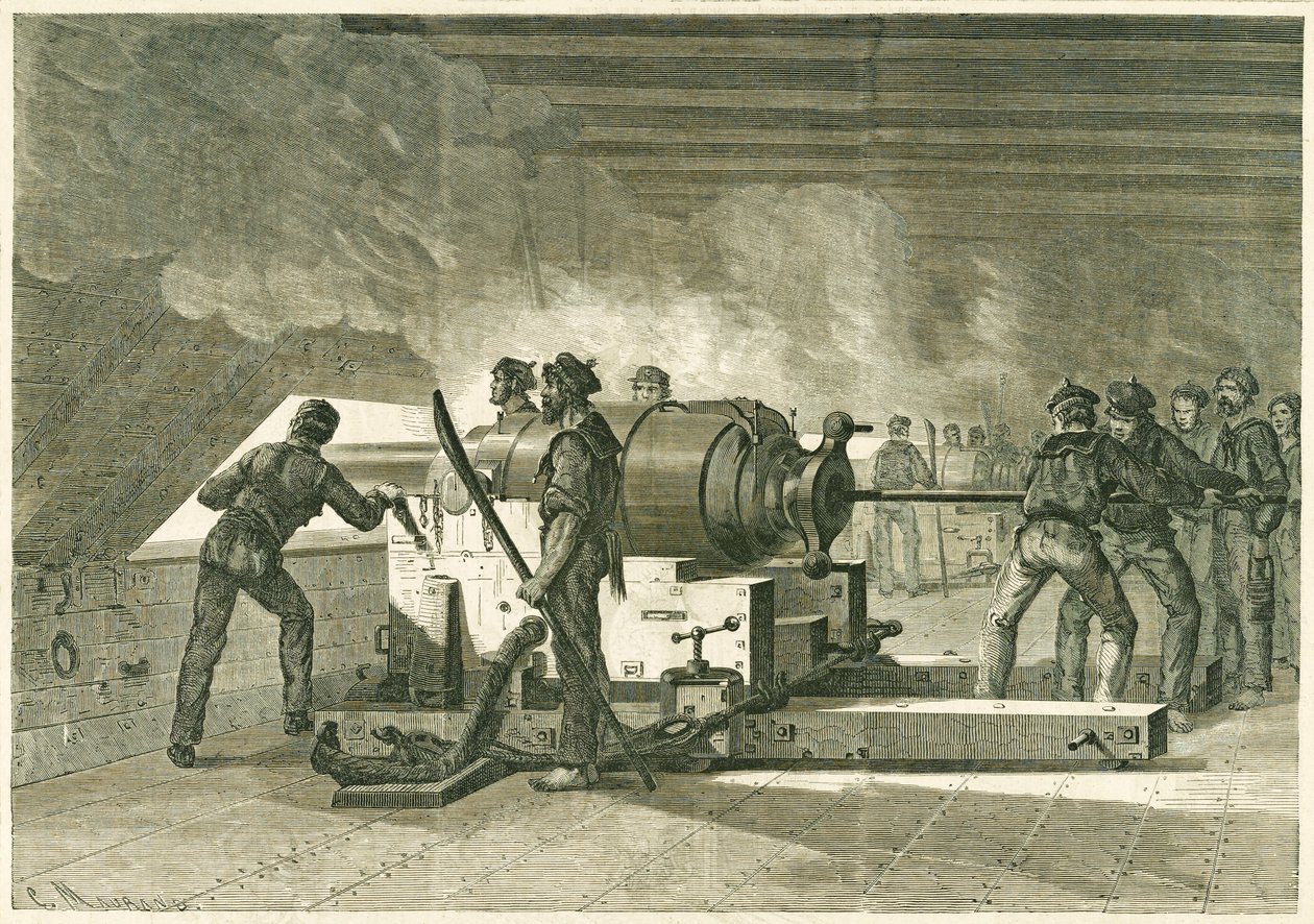 A Merrimac akkumulátorának belseje, a monitorral folytatott harc során, 1862-1865 (fametszet) alkotó: French School