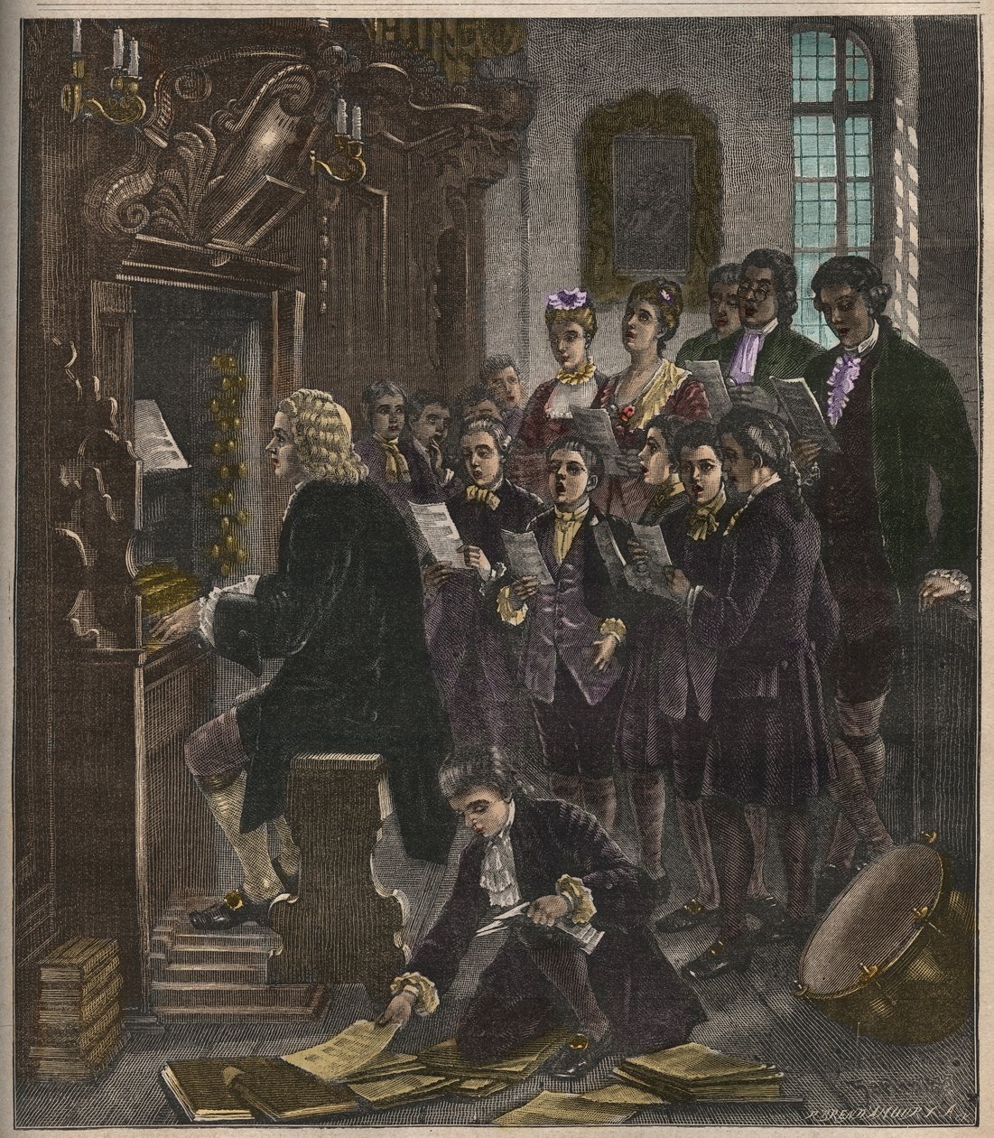 Johann Sebastian Bach orgonán játszik a lipcsei Szent Tamás Iskolában, illusztráció a La musique populaire-ből, 1882 alkotó: French School