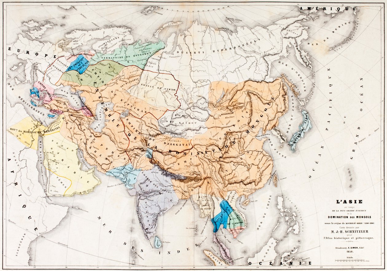 Ázsia térképe a mongolok legnagyobb kiterjedésű uralmának idején Kublaj kán uralkodása alatt, az LHistoire Universelle Ancienne et Moderne-ból, 1860 körül Strasbourgban (színes en) alkotó: French School