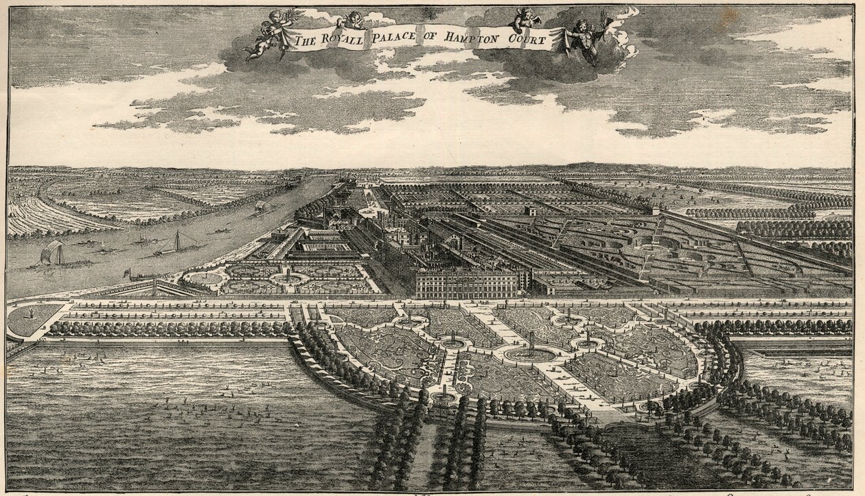 A Hampton Court királyi birtokának térképe, amely a park sugárútjait mutatja, III. Vilmos tervei szerint. alkotó: French School