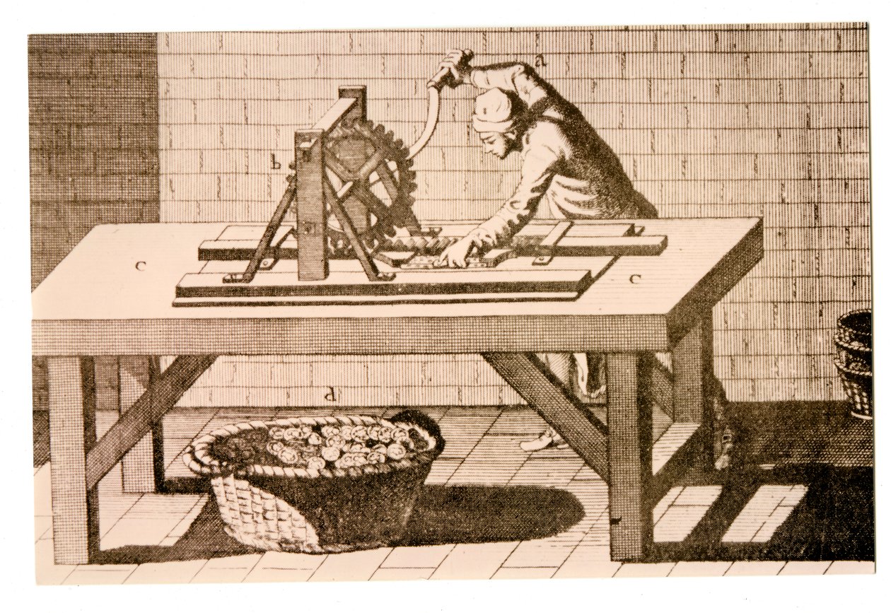 Érmék szélének jelölése párhuzamos sáv éljelölő géppel, Denis Diderot és Jean le Rond dAlembert Encyclopédie-jéből, 1771 alkotó: French School